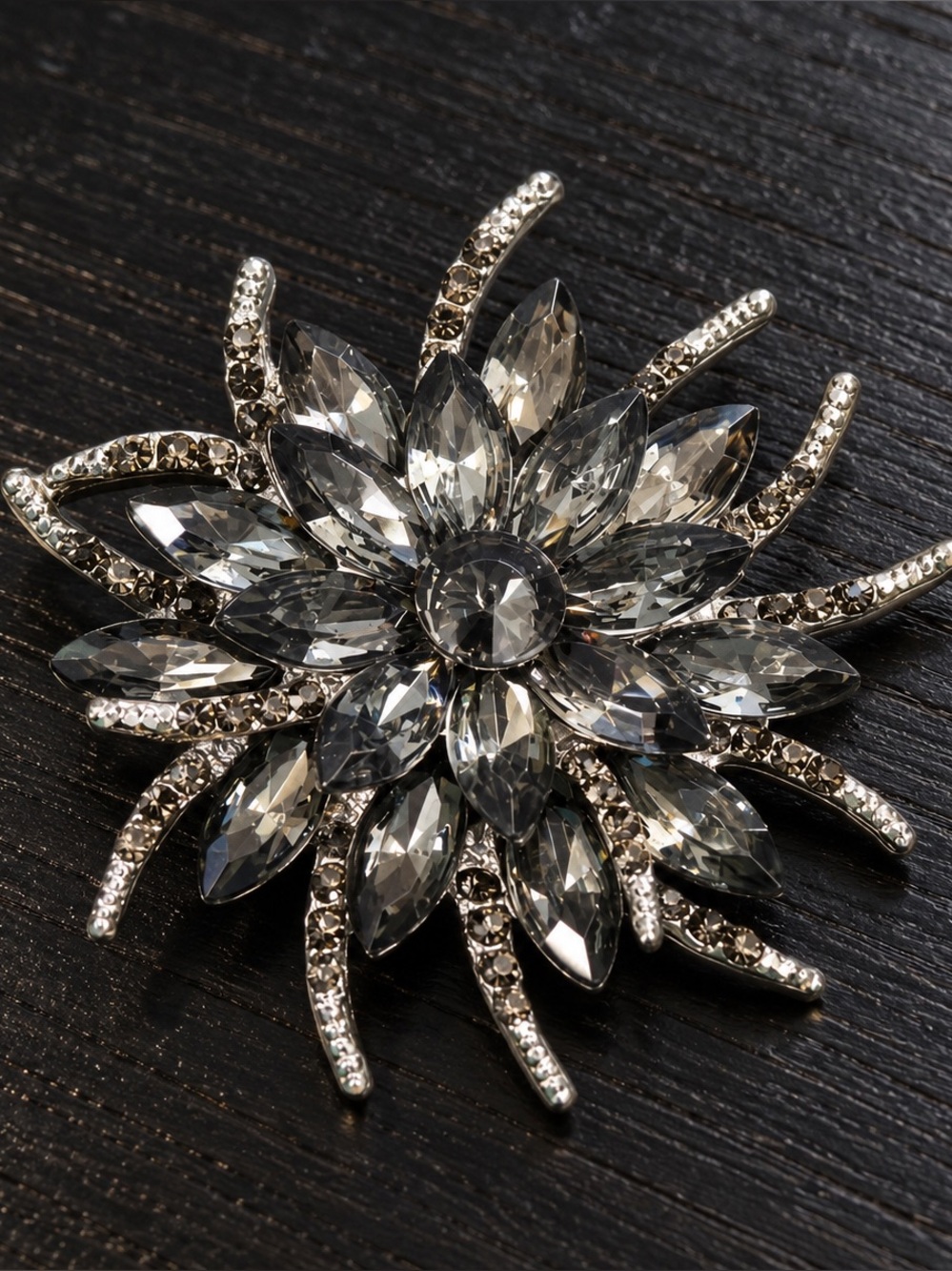 Smoky Gray Crystal Flower Brooch Rhinestone Statement Pin Silver Tone